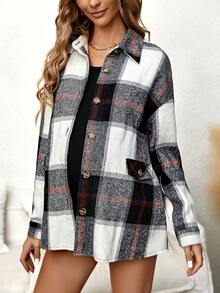 SHEIN Maternity Plaid Print Drop Shoulder Coat - Multicolor - View 5