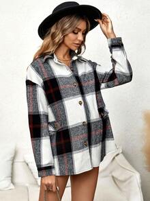 SHEIN Maternity Plaid Print Drop Shoulder Coat - Multicolor - View 6