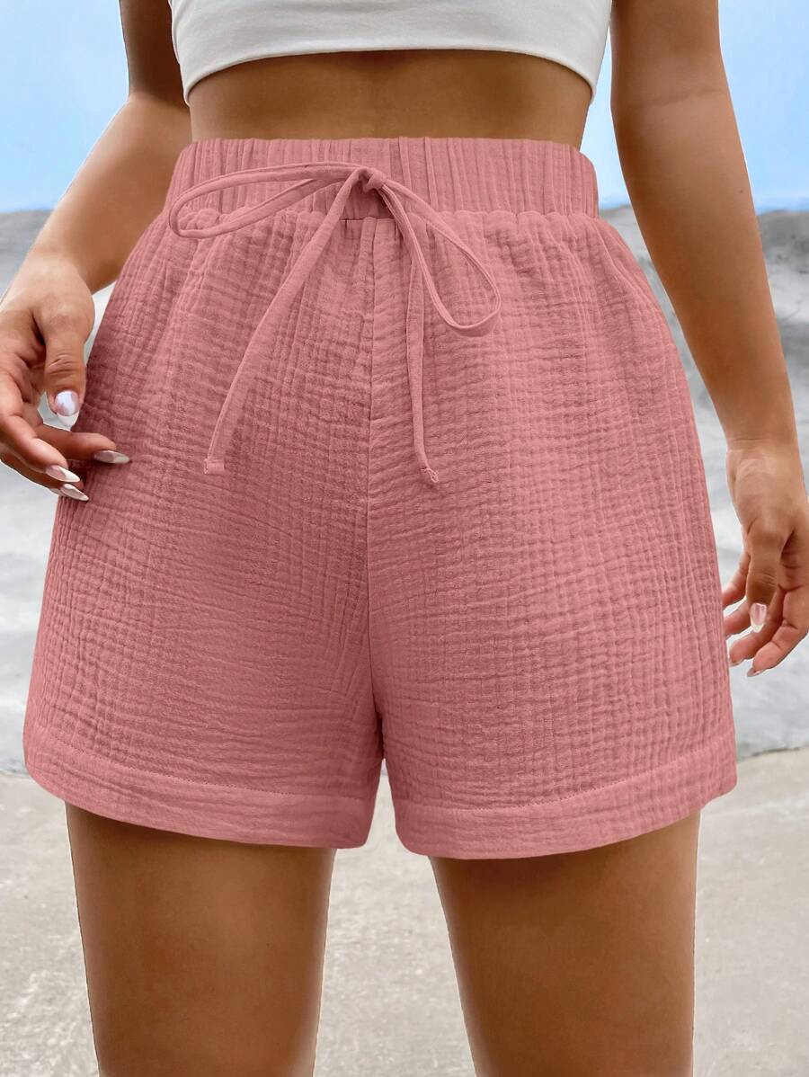 SHEIN EZwear Chất rắn Nút eo Quần short - Bụi hồng - Xem 1