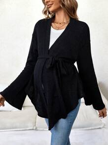 SHEIN Maternity Open Front Belted Asymmetrical Hem Coat - Black - View 1