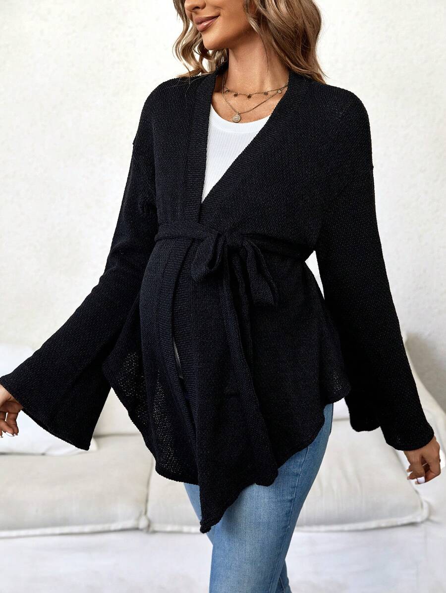 SHEIN Maternity Open Front Belted Asymmetrical Hem Coat - Black - View 1