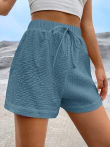 SHEIN EZwear Solid Knot Waist Shorts - Baby Blue - View 4