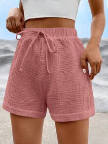 SHEIN EZwear Chất rắn Nút eo Quần short - Bụi hồng - Xem 3