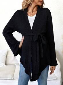 SHEIN Maternity Open Front Belted Asymmetrical Hem Coat - Black - View 3