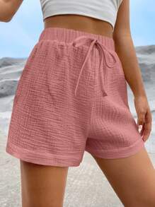 SHEIN EZwear Chất rắn Nút eo Quần short - Bụi hồng - Xem 4