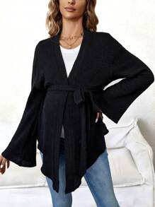SHEIN Maternity Open Front Belted Asymmetrical Hem Coat - Black - View 4