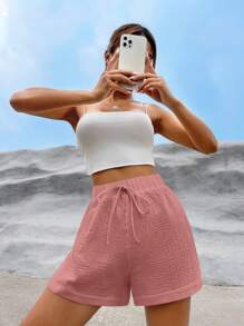 SHEIN EZwear Chất rắn Nút eo Quần short - Bụi hồng - Xem 5