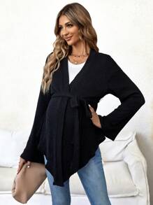 SHEIN Maternity Open Front Belted Asymmetrical Hem Coat - Black - View 5