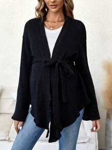 SHEIN Maternity Open Front Belted Asymmetrical Hem Coat - Black - View 6