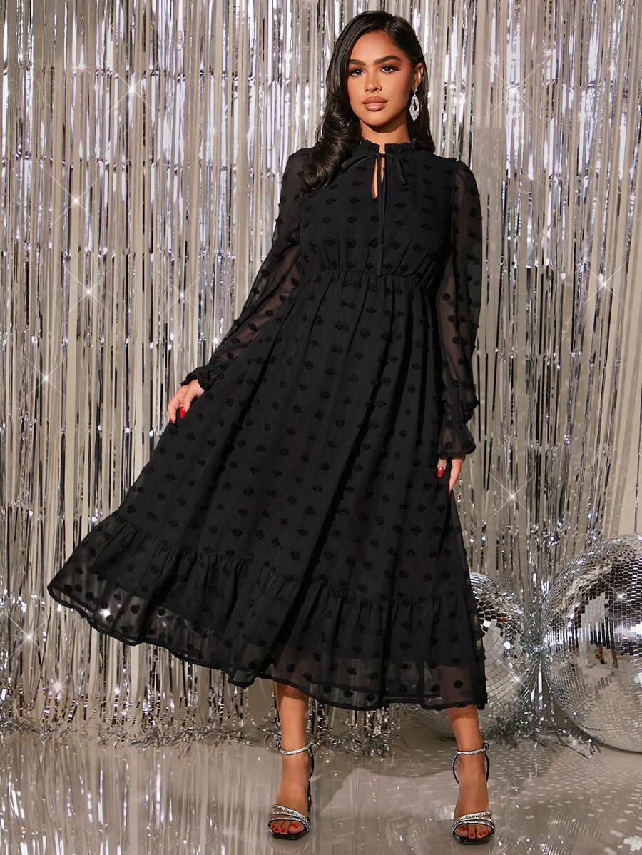 MaterniChic Maternity Swiss Dot Tie Neck Flounce Sleeve Ruffle Hem Dress, For Party