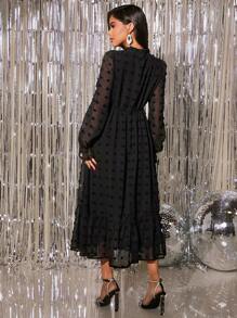 MaterniChic Maternity Swiss Dot Tie Neck Flounce Sleeve Ruffle Hem Dress, For Party