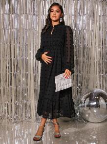 MaterniChic Maternity Swiss Dot Tie Neck Flounce Sleeve Ruffle Hem Dress, For Party