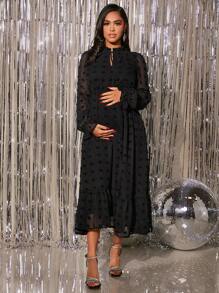 MaterniChic Maternity Swiss Dot Tie Neck Flounce Sleeve Ruffle Hem Dress, For Party