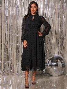 MaterniChic Maternity Swiss Dot Tie Neck Flounce Sleeve Ruffle Hem Dress, For Party