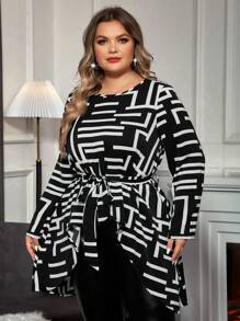 SHEIN Clasi Plus Geo Print Belted High Low Hem Blouse - Black and White - View 3