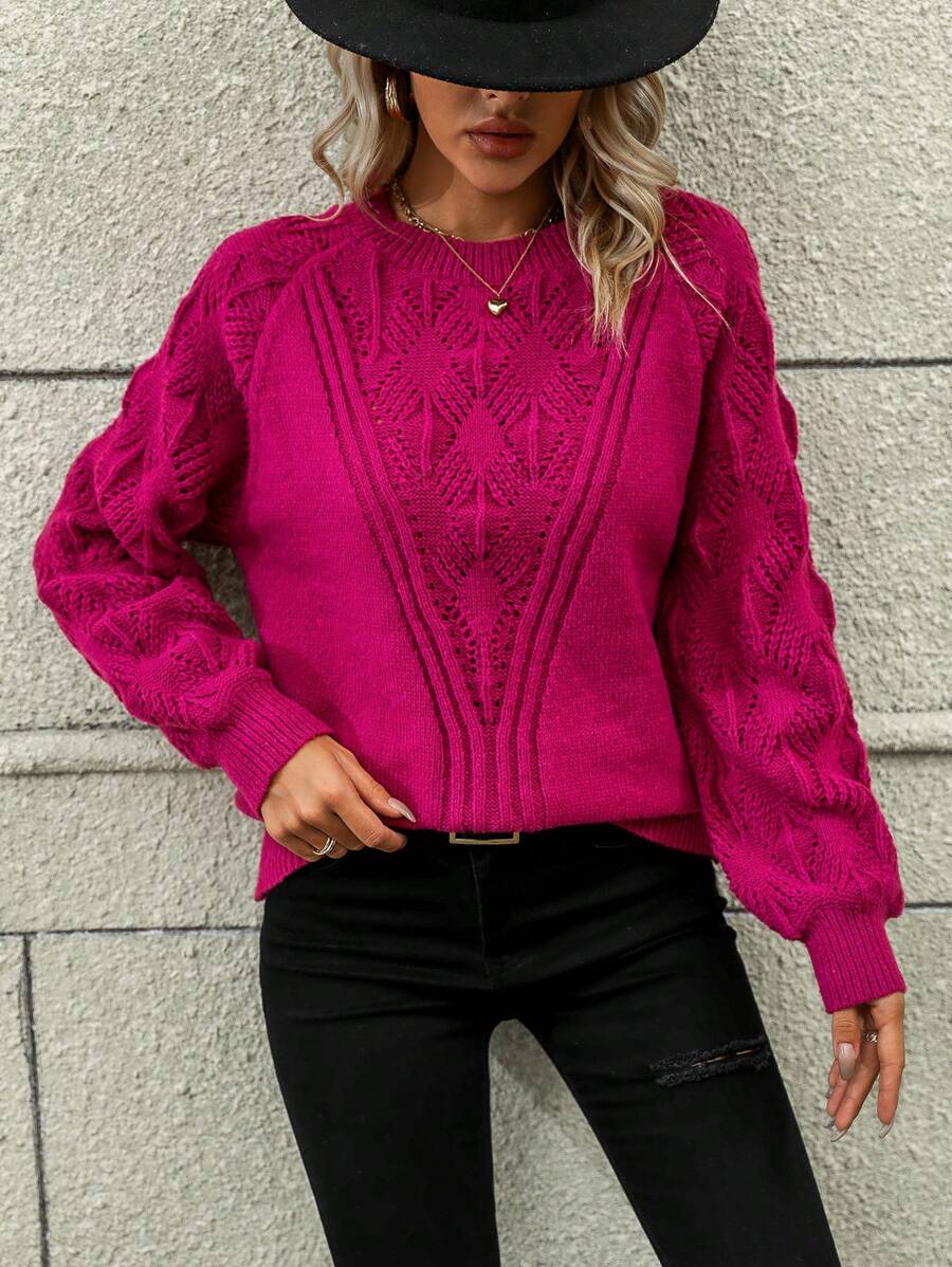 SHEIN LUNE Solid Raglan Sleeve Pointelle Knit Sweater Knit Pullover Fall Winter Outfit - Red Violet - View 1
