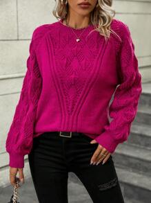 SHEIN LUNE Solid Raglan Sleeve Pointelle Knit Sweater Knit Pullover Fall Winter Outfit - Red Violet - View 3
