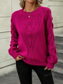 SHEIN LUNE Solid Raglan Sleeve Pointelle Knit Sweater Knit Pullover Fall Winter Outfit - Red Violet - View 5