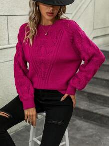 SHEIN LUNE Solid Raglan Sleeve Pointelle Knit Sweater Knit Pullover Fall Winter Outfit - Red Violet - View 6