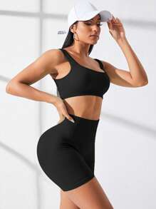 CourtClass 纯色宽带腰部运动套装，女士网球服健身女士套装 - 黑色 - 查看 3