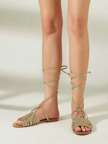 Sandalias planas dorado trenzado con tira de mujeres con al azar con diseño tejido - Dorado - Ver 4