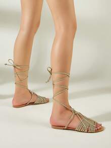 Sandalias planas dorado trenzado con tira de mujeres con al azar con diseño tejido - Dorado - Ver 5