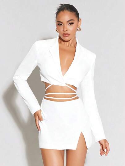 SHEIN BAE 西裝領十字交叉後綁帶短版西裝&開衩短裙