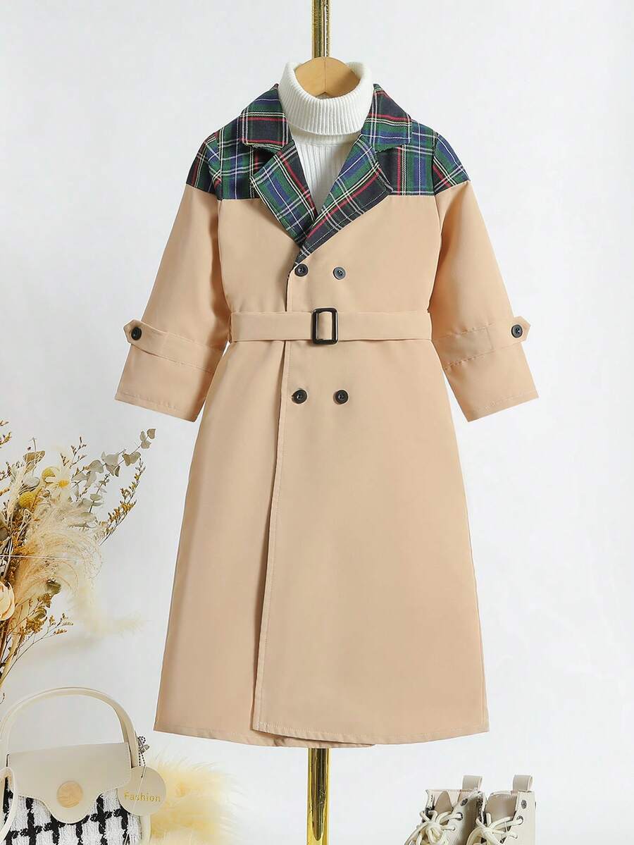 SHEIN Cô Gái Trẻ 1 Miếng Kẻ sọc Đôi ngực Thắt lưng Áo khoác Trench - Màu Khaki - Xem 1