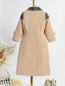 SHEIN Cô Gái Trẻ 1 Miếng Kẻ sọc Đôi ngực Thắt lưng Áo khoác Trench - Màu Khaki - Xem 2