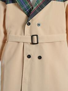 SHEIN Cô Gái Trẻ 1 Miếng Kẻ sọc Đôi ngực Thắt lưng Áo khoác Trench - Màu Khaki - Xem 4