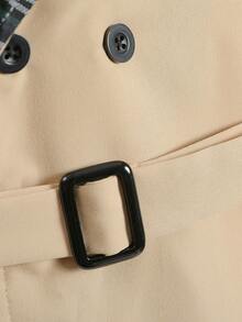 SHEIN Cô Gái Trẻ 1 Miếng Kẻ sọc Đôi ngực Thắt lưng Áo khoác Trench - Màu Khaki - Xem 6