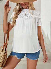 SHEIN Maternity Eyelet Embroidery Round Neck Blouse - White - View 3