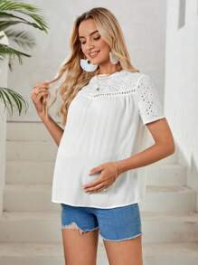 SHEIN Maternity Eyelet Embroidery Round Neck Blouse - White - View 4