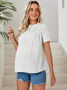 SHEIN Maternity Eyelet Embroidery Round Neck Blouse - White - View 5