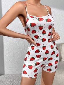 Strawberry Print Cami Romper - White - View 3