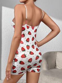 Strawberry Print Cami Romper - White - View 2