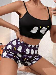 Set pigiama Pantaloncini & Cami fantasma di Halloween stampa - nero - Visualizzare 3