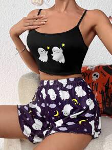 Set pigiama Pantaloncini & Cami fantasma di Halloween stampa - nero - Visualizzare 4