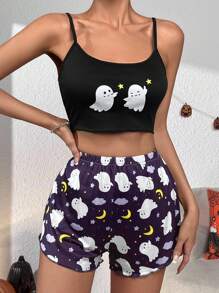 Set pigiama Pantaloncini & Cami fantasma di Halloween stampa - nero - Visualizzare 1