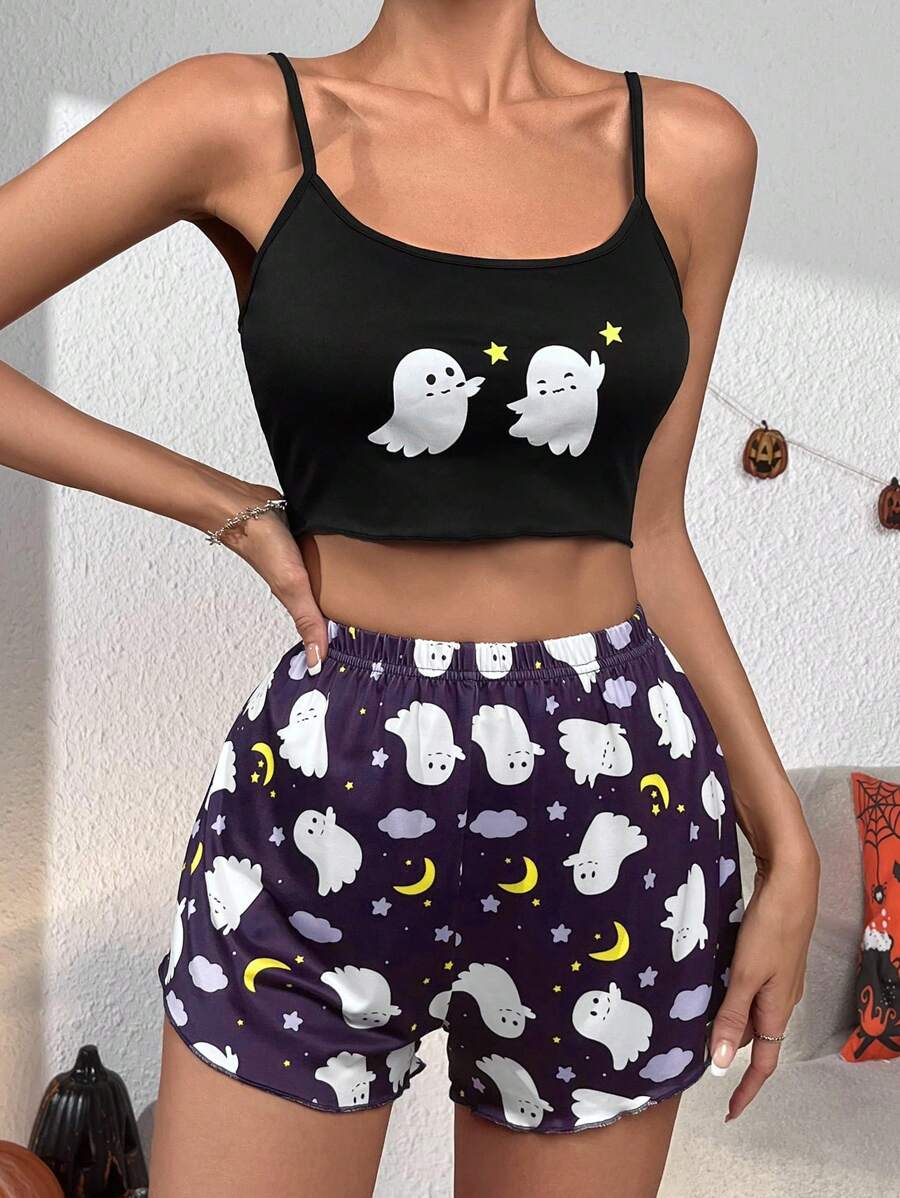 Set pigiama Pantaloncini & Cami fantasma di Halloween stampa - nero - Visualizzare 1