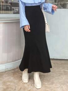 Livesso Chân váy đuôi cá dài ngang gối thanh lịch, màu trơn, thiết kế thắt eo dành cho nữ. - màu đen - Xem 2