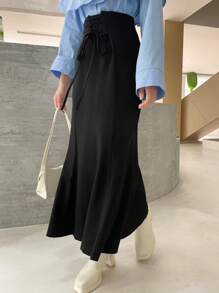 Livesso Chân váy đuôi cá dài ngang gối thanh lịch, màu trơn, thiết kế thắt eo dành cho nữ. - màu đen - Xem 7