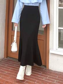 Livesso Chân váy đuôi cá dài ngang gối thanh lịch, màu trơn, thiết kế thắt eo dành cho nữ. - màu đen - Xem 8