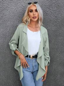 SHEIN Frenchy Roll Tab Sleeve Open Front Coat - Mint Green - View 1