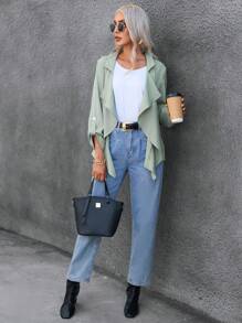 SHEIN Frenchy Roll Tab Sleeve Open Front Coat - Mint Green - View 5