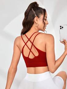後背十字交叉運動型胸罩 - 酒紅色 - 查看 1