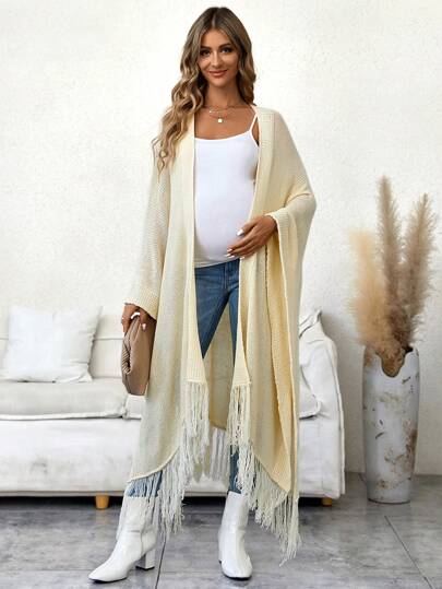 SHEIN Maternity Batwing Sleeve Fringe Trim Duster Cardigan, For Winter