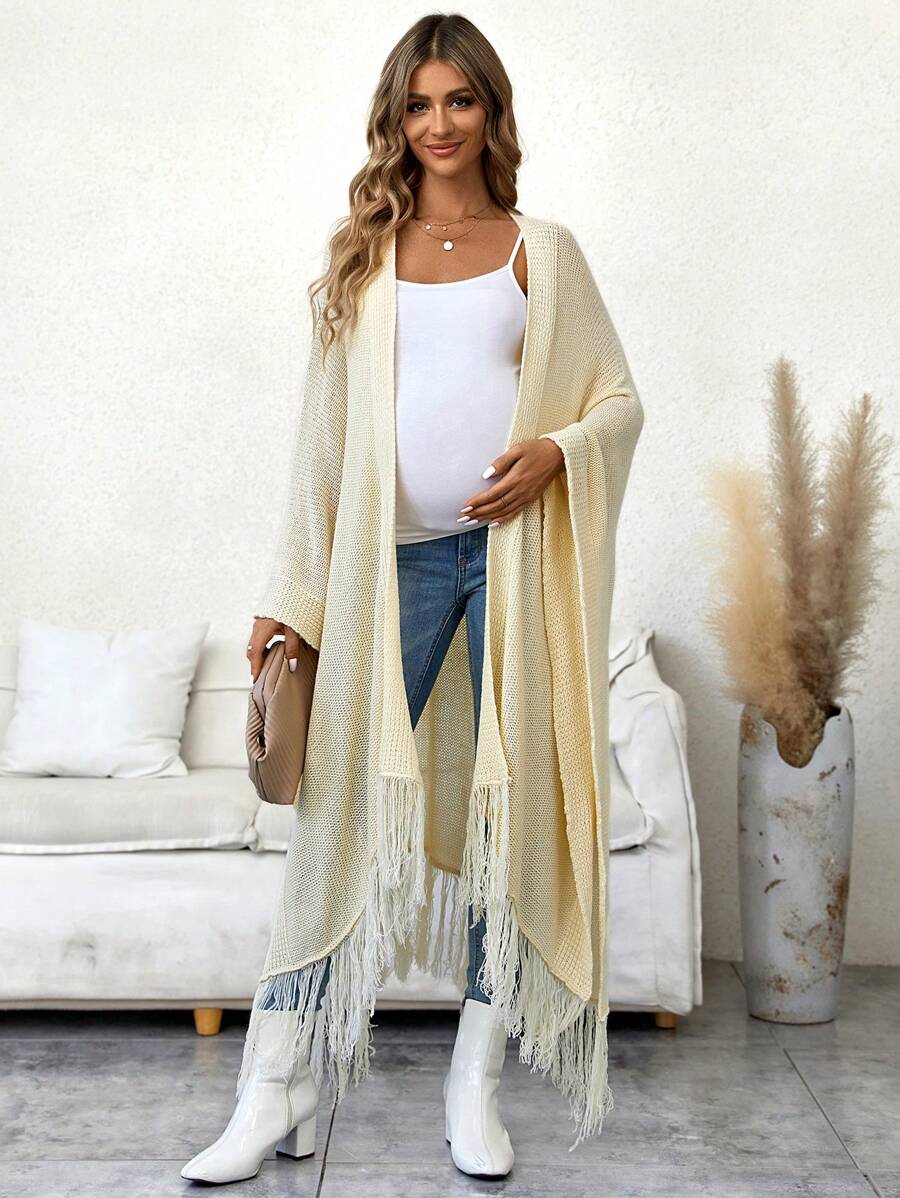 SHEIN Maternity Batwing Sleeve Fringe Trim Duster Cardigan, For Winter