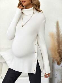 SHEIN Maternity Turtleneck Button Detail Split Hem Sweater - White - View 1