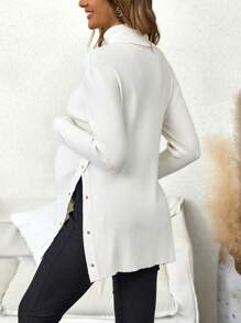 SHEIN Maternity Turtleneck Button Detail Split Hem Sweater - White - View 2